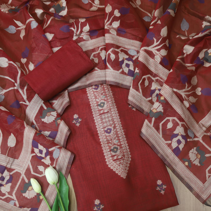 Mulakat Berry Red Floral Authentic Jamdani Weaved with Zari Chanderi Suit Set