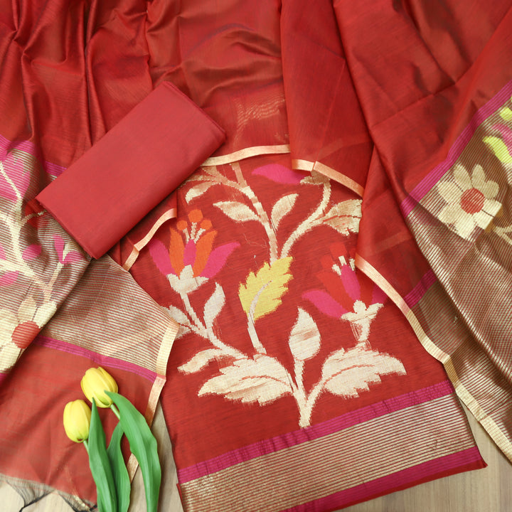 Madhumina Berry Red Zari and Thread Weaved Tussar Chanderi Set