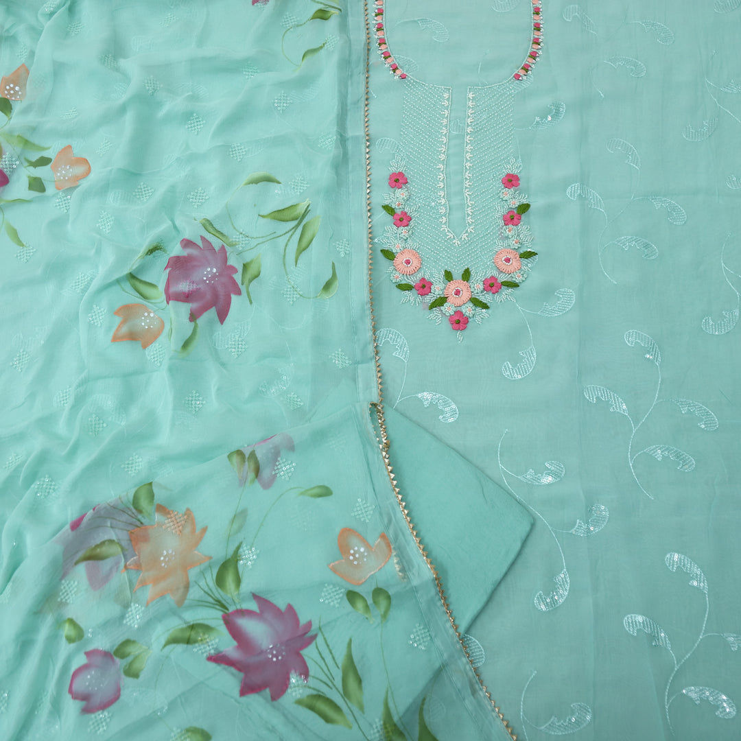 Aafreen Cyan Blue Floral Thread with Moti Work Organza suit set