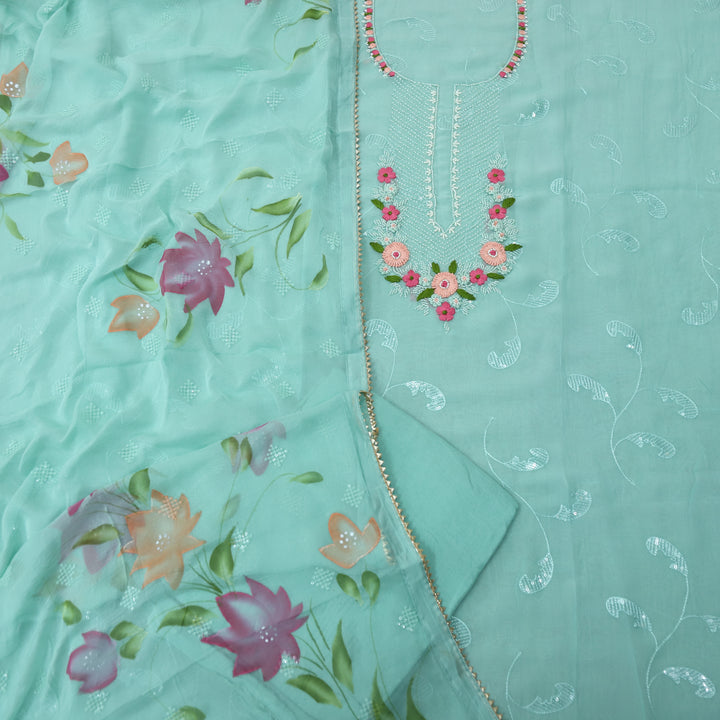 Aafreen Cyan Blue Floral Thread with Moti Work Organza suit set