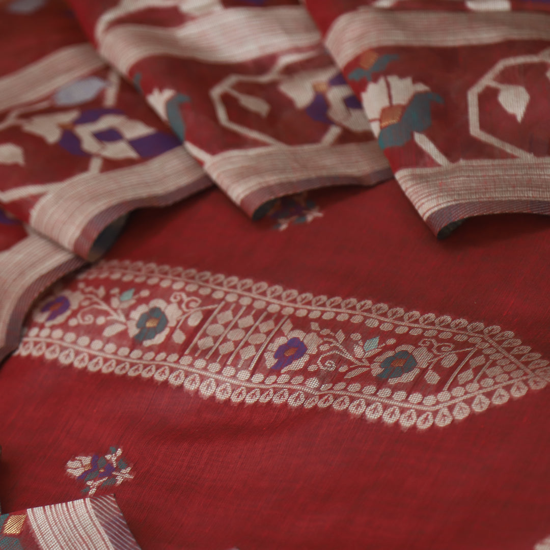 Mulakat Berry Red Floral Authentic Jamdani Weaved with Zari Chanderi Suit Set