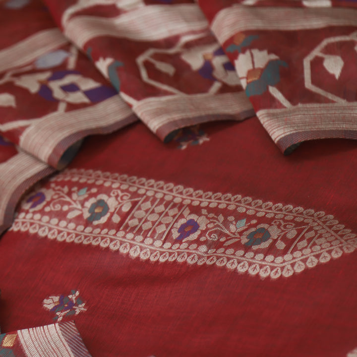 Mulakat Berry Red Floral Authentic Jamdani Weaved with Zari Chanderi Suit Set