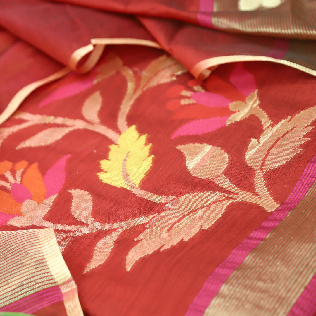 Madhumina Berry Red Zari and Thread Weaved Tussar Chanderi Set