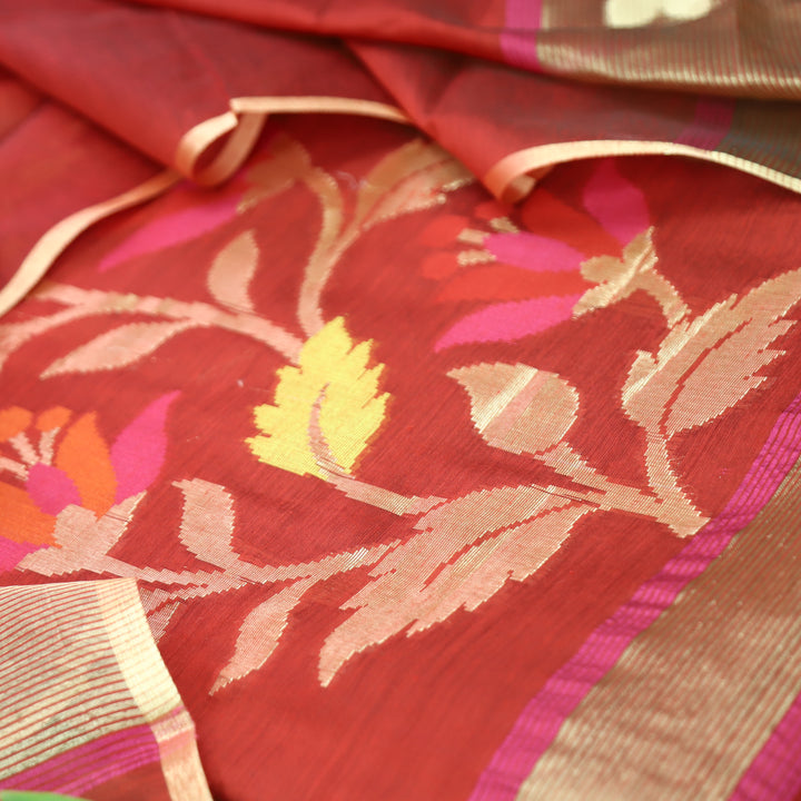 Madhumina Berry Red Zari and Thread Weaved Tussar Chanderi Set