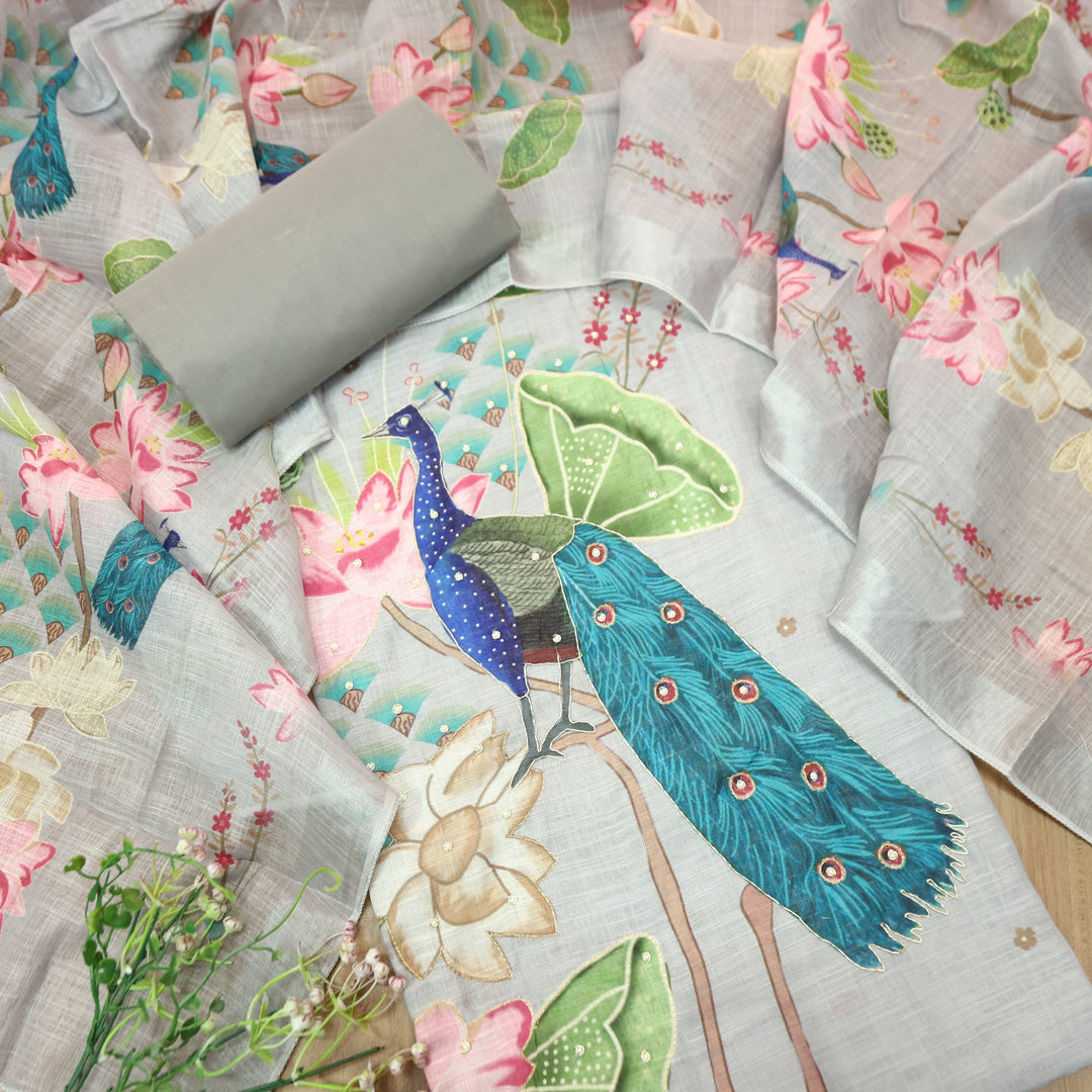 Bareli Sky Grey All Over Moti with Spiral Work Peacock Print Cotton Linen Set