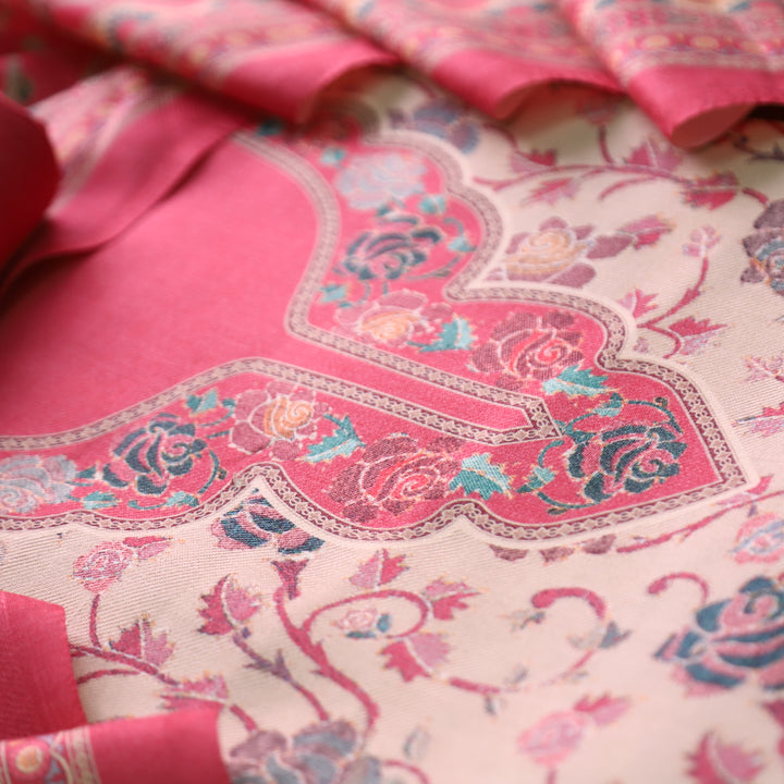 राधिका Blush Pink All Over Floral Print Semi Pashmina Winter Suit Set