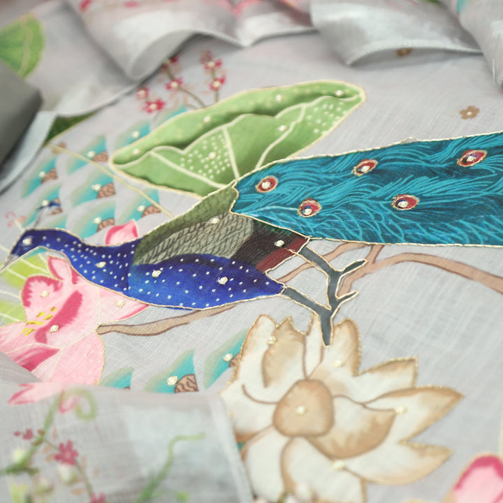 Bareli Sky Grey All Over Moti with Spiral Work Peacock Print Cotton Linen Set