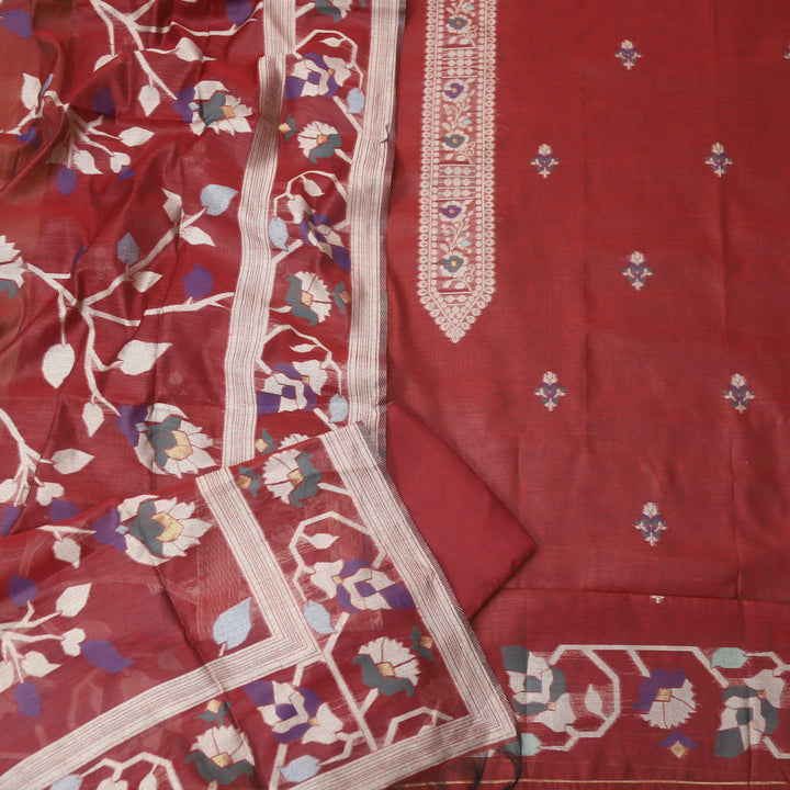 Mulakat Berry Red Floral Authentic Jamdani Weaved with Zari Chanderi Suit Set