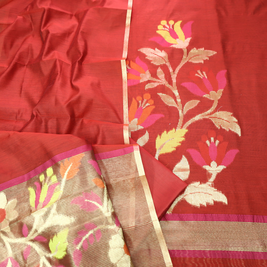 Madhumina Berry Red Zari and Thread Weaved Tussar Chanderi Set