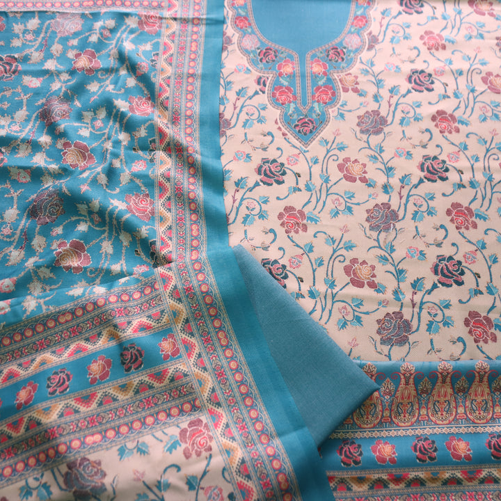 राधिका Amber Blue All Over Floral Print Semi Pashmina Winter Suit Set