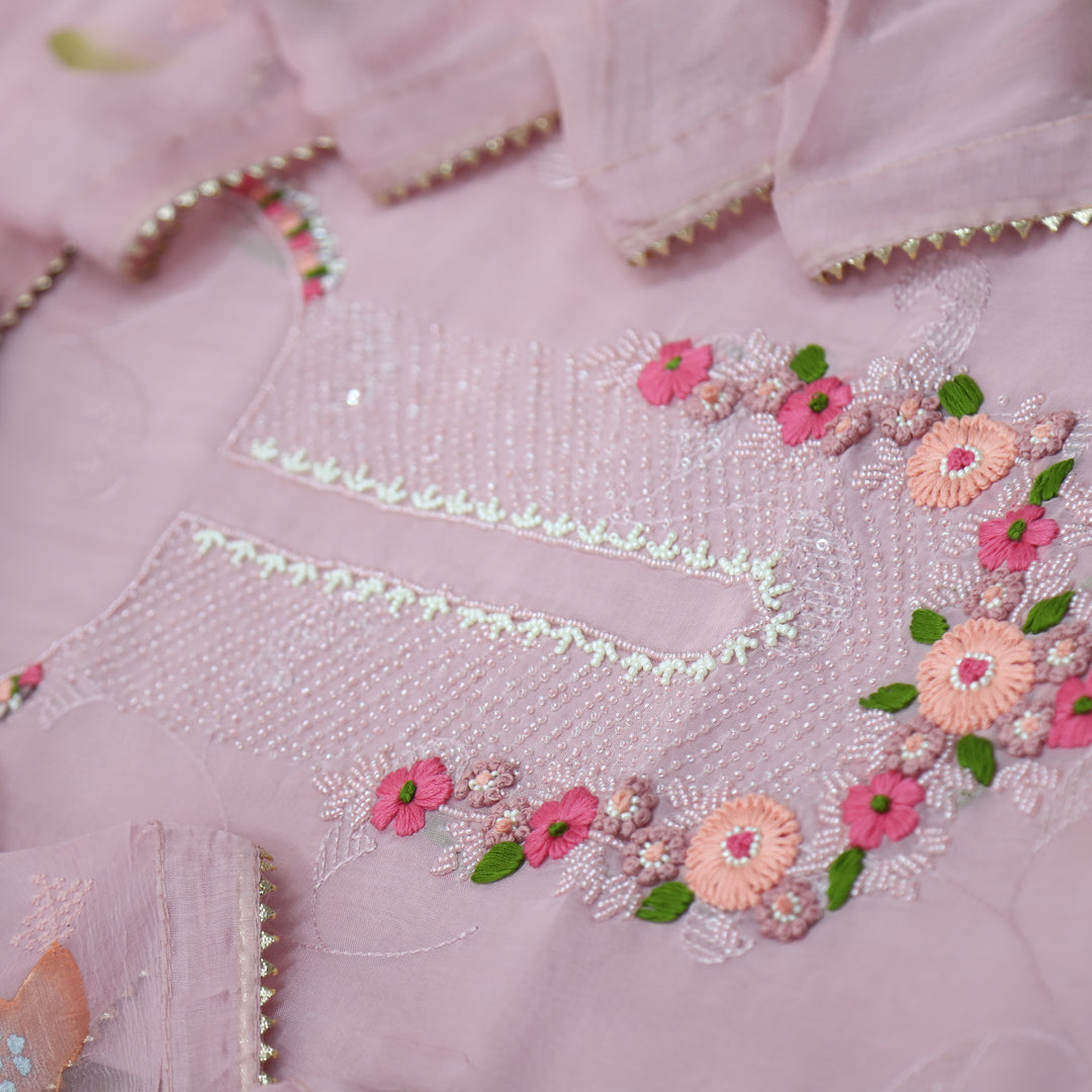 Aafreen Soft Mauve Floral Thread with Moti Work Organza suit set