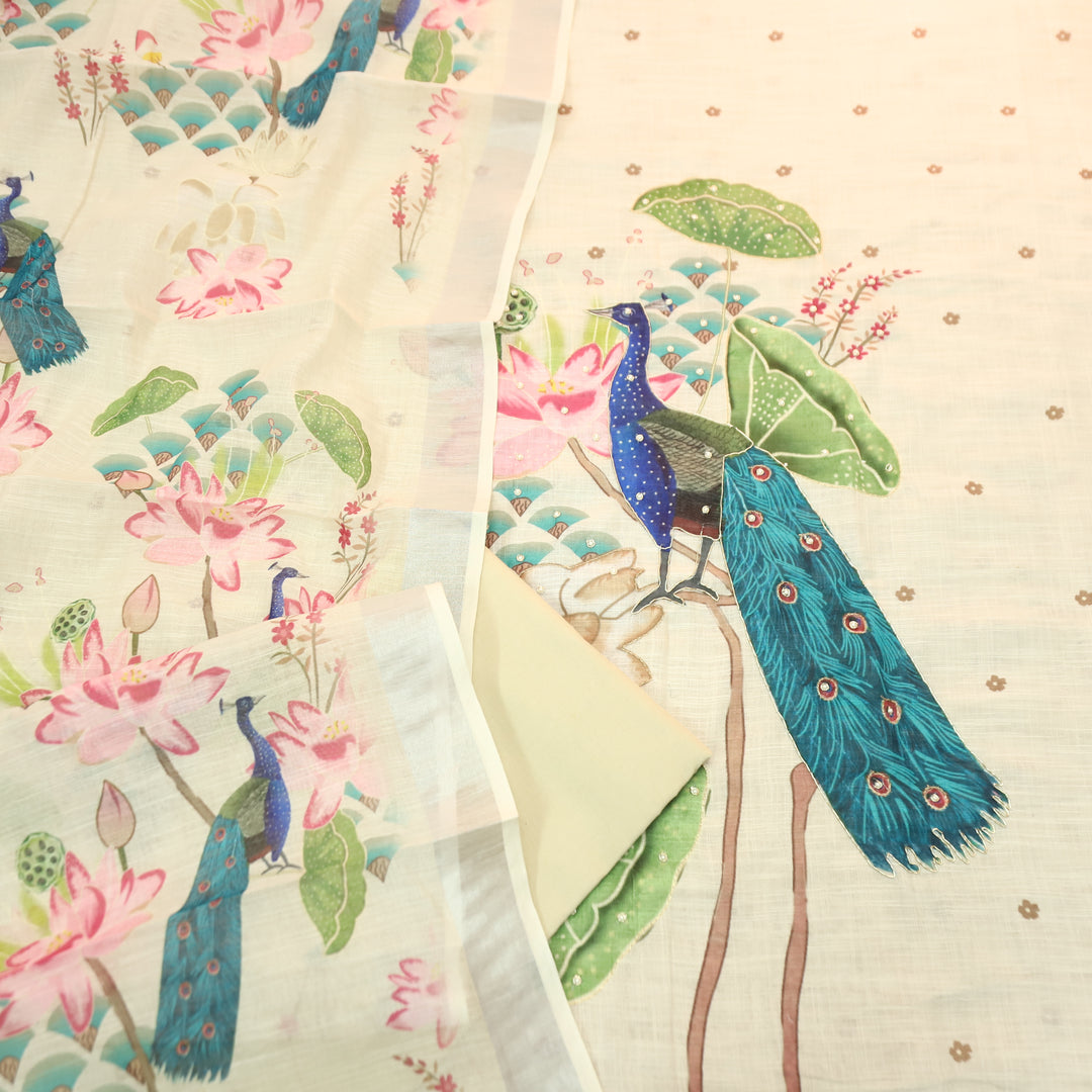 Bareli Buttermilk Beige All Over Moti with Spiral Work Peacock Print Cotton Linen Set
