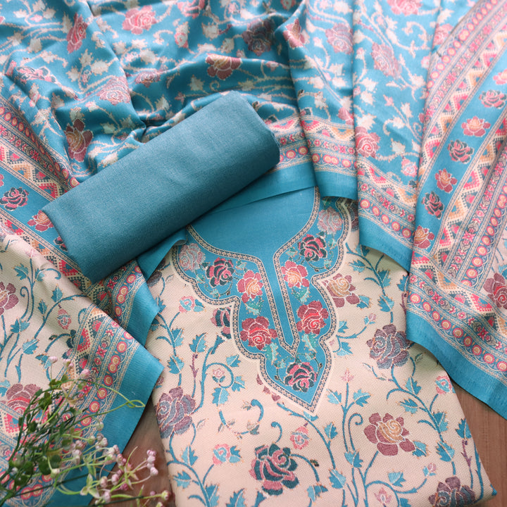 राधिका Amber Blue All Over Floral Print Semi Pashmina Winter Suit Set