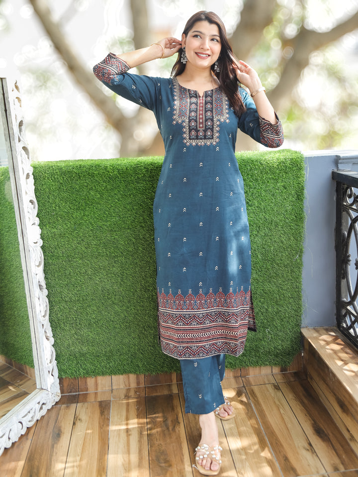 Ella Cerulean Blue Patra Work Cotton 2 Piece Set