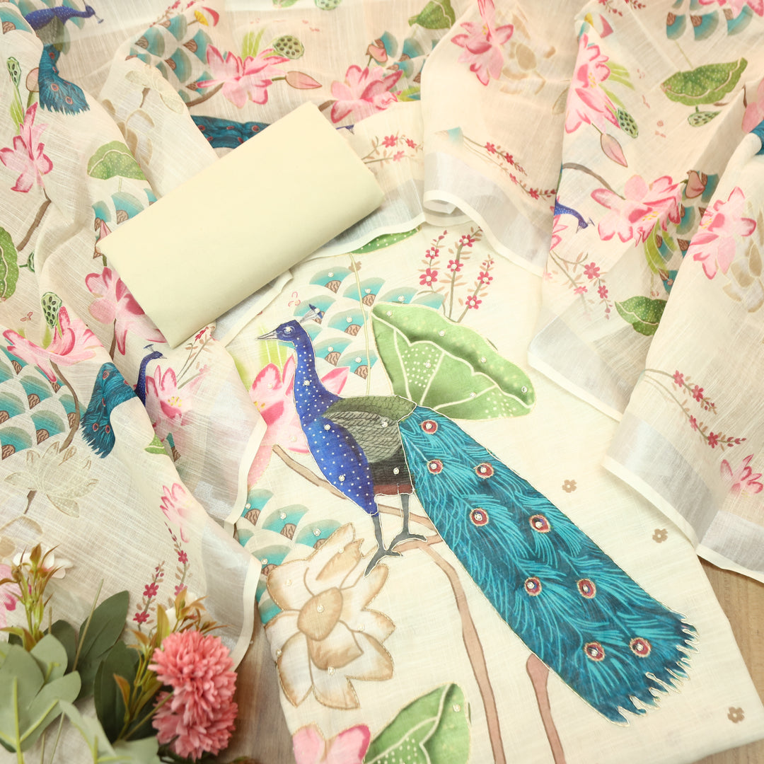 Bareli Buttermilk Beige All Over Moti with Spiral Work Peacock Print Cotton Linen Set