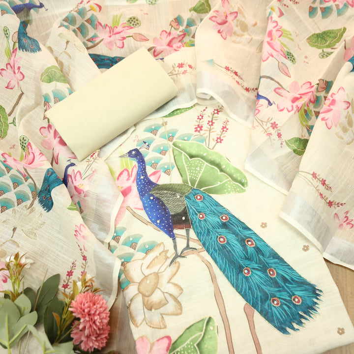 Bareli Buttermilk Beige All Over Moti with Spiral Work Peacock Print Cotton Linen Set