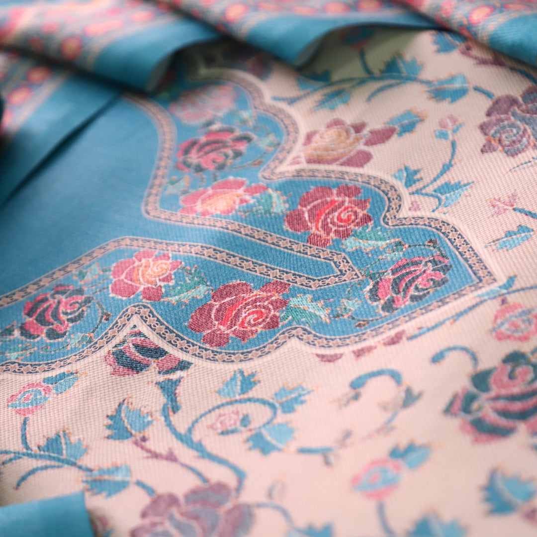 राधिका Amber Blue All Over Floral Print Semi Pashmina Winter Suit Set