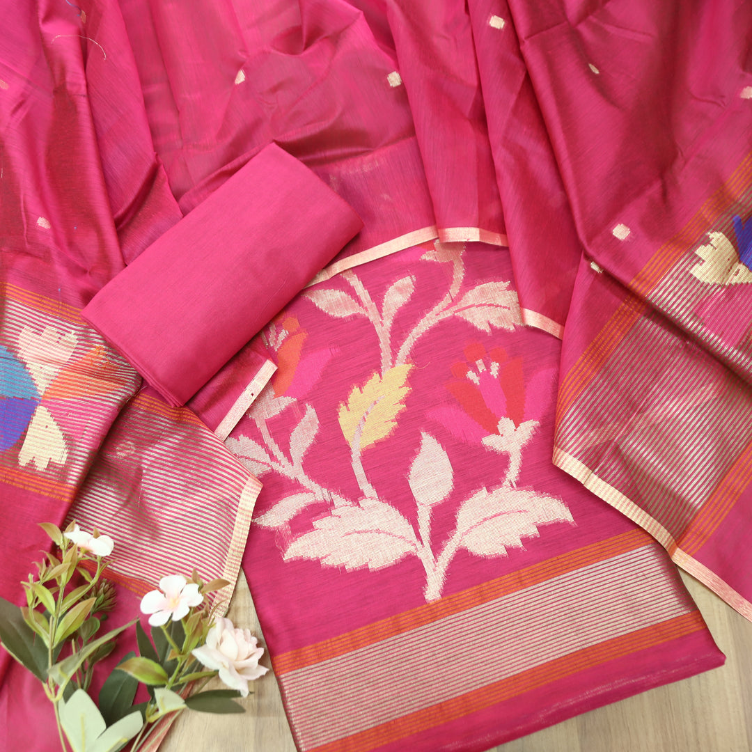 Madhumina Bright Pink Zari and Thread Weaved Tussar Chanderi Set