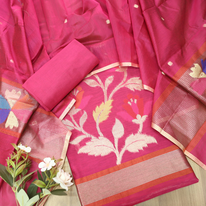 Madhumina Bright Pink Zari and Thread Weaved Tussar Chanderi Set