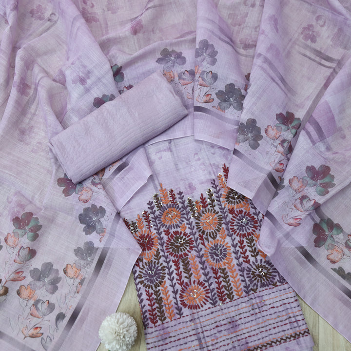 Zulfa Soft Purple Digital Printed Kantha Embriodery Hem Tissue Linen Suit Set