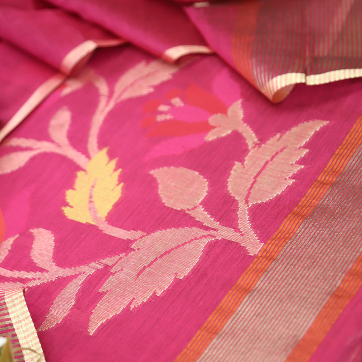 Madhumina Bright Pink Zari and Thread Weaved Tussar Chanderi Set