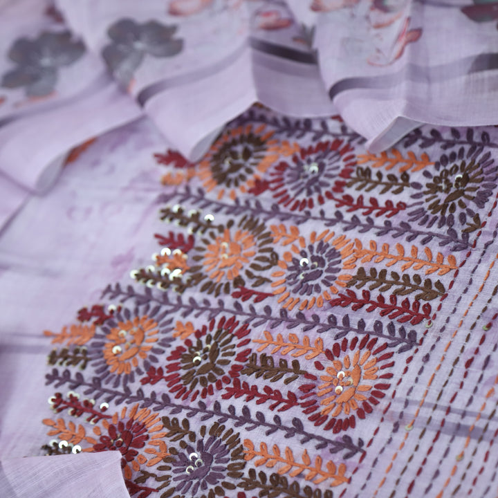 Zulfa Soft Purple Digital Printed Kantha Embriodery Hem Tissue Linen Suit Set