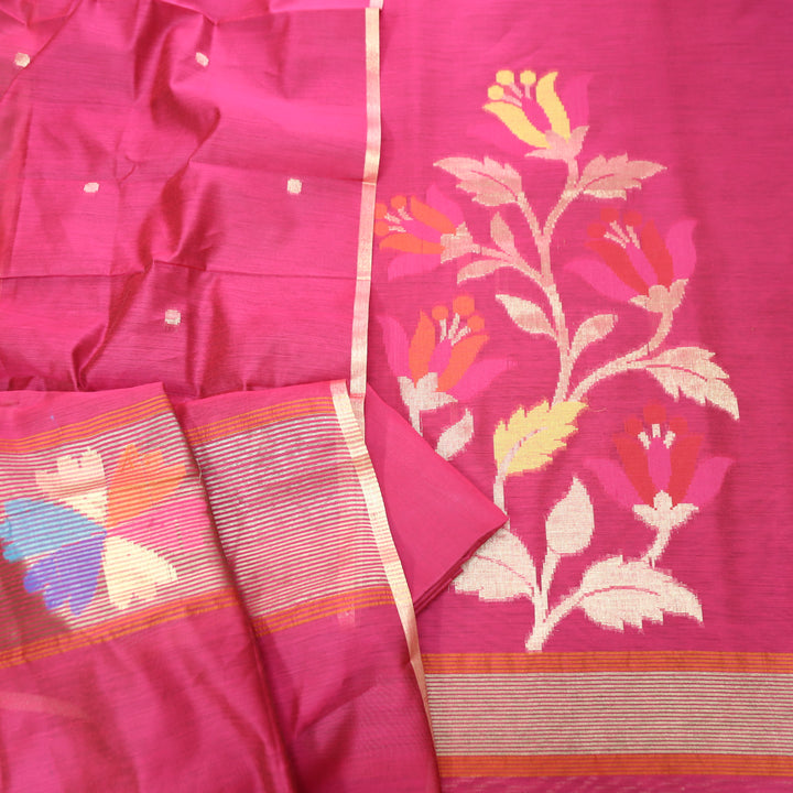 Madhumina Bright Pink Zari and Thread Weaved Tussar Chanderi Set