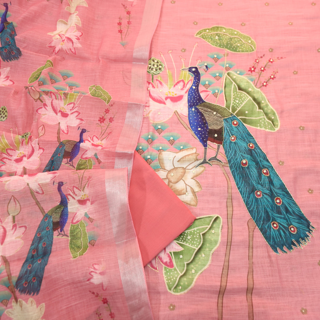 Bareli Flamingo Pink All Over Moti with Spiral Work Peacock Print Cotton Linen Ser