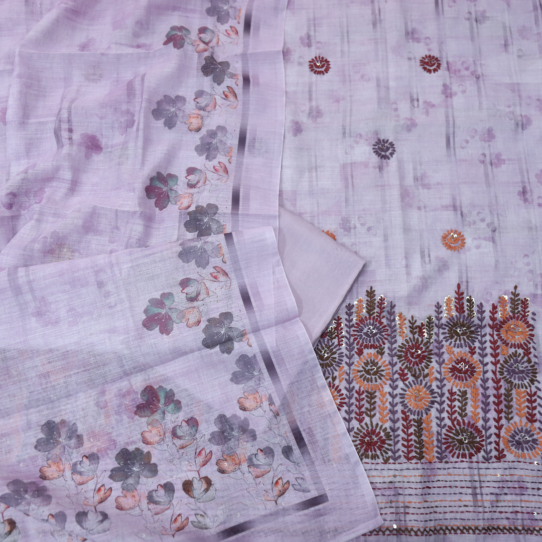 Zulfa Soft Purple Digital Printed Kantha Embriodery Hem Tissue Linen Suit Set