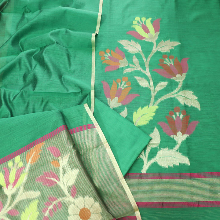 Madhumina Tree Green Zari and Thread Weaved Tussar Chanderi Set