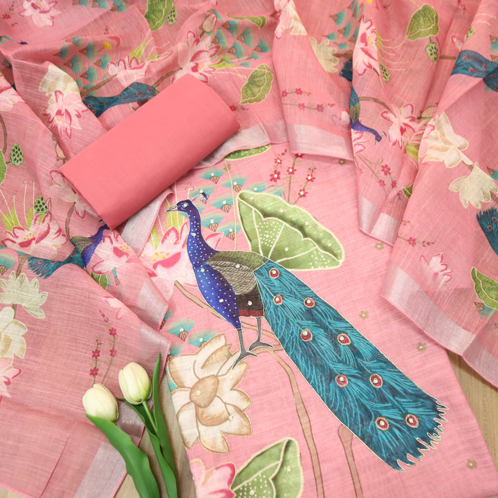 Bareli Flamingo Pink All Over Moti with Spiral Work Peacock Print Cotton Linen Ser