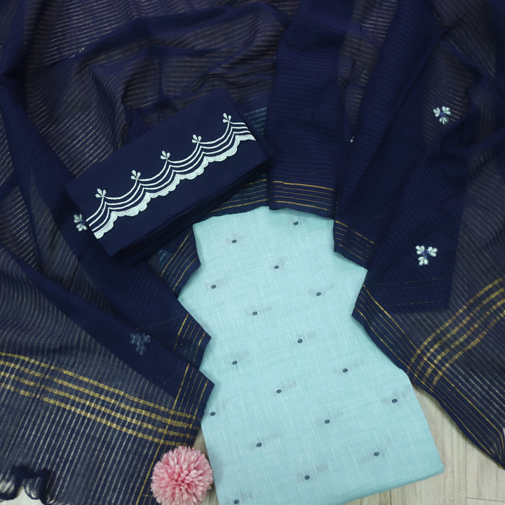 Kinaari Aqua Blue Thread Weaved Cotton Suit Set with Embroidered Bottom