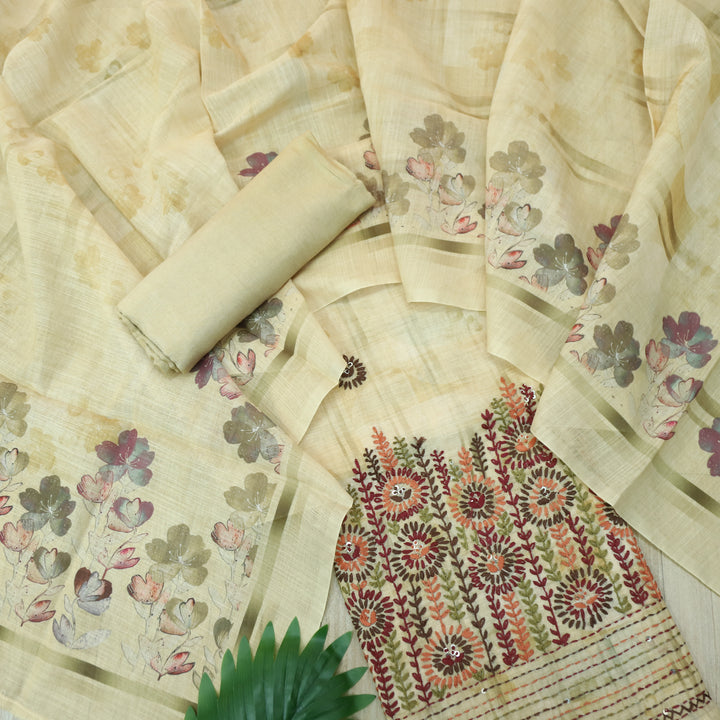 Zulfa Mellow Yellow Digital Printed Kantha Embriodery Hem Tissue Linen Suit Set