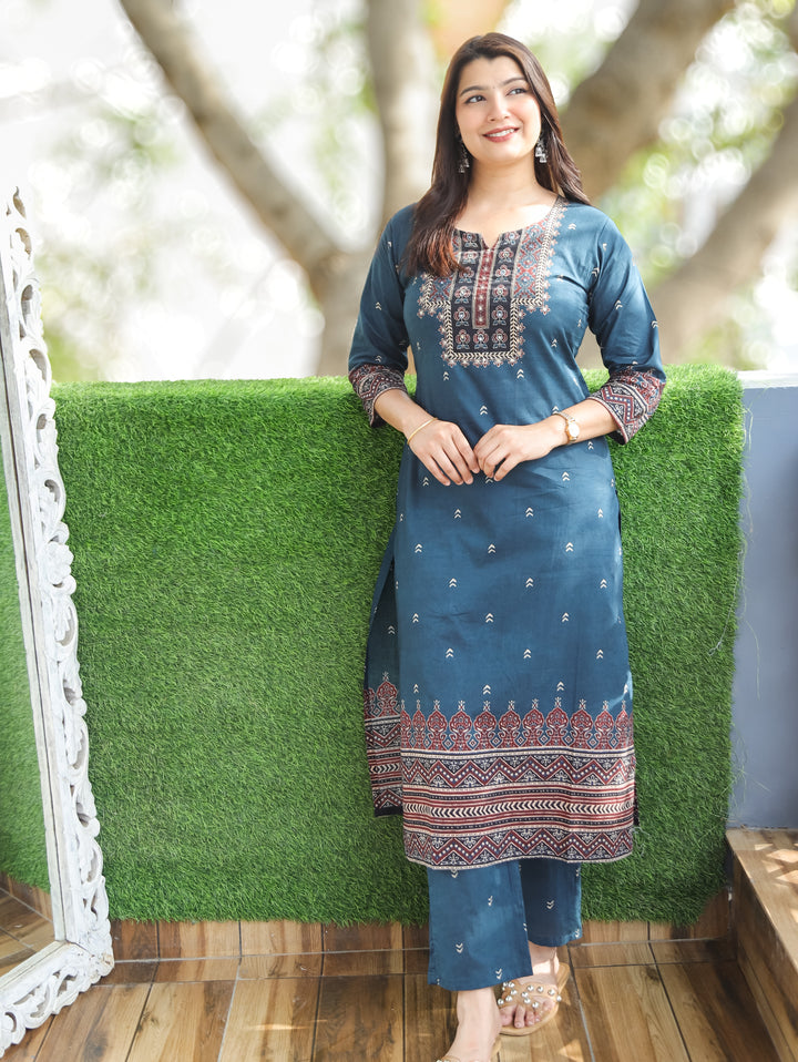 Ella Cerulean Blue Patra Work Cotton 2 Piece Set