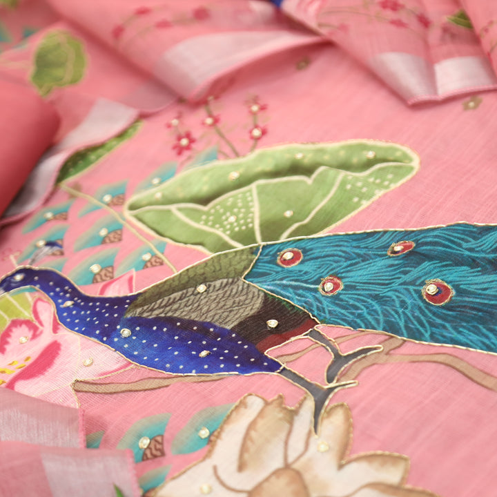 Bareli Flamingo Pink All Over Moti with Spiral Work Peacock Print Cotton Linen Ser