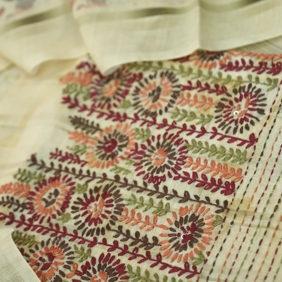 Zulfa Mellow Yellow Digital Printed Kantha Embriodery Hem Tissue Linen Suit Set