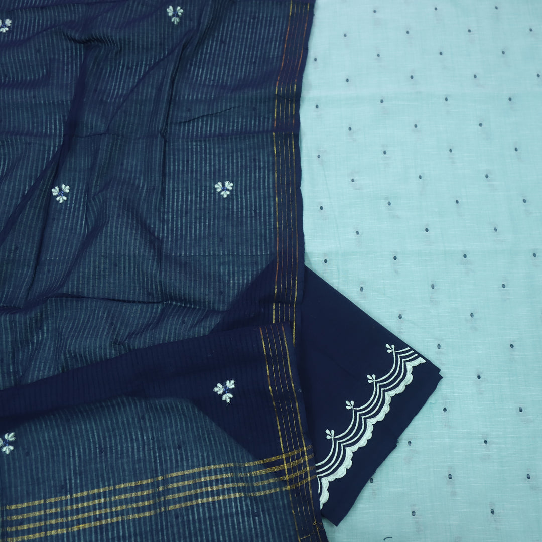 Kinaari Aqua Blue Thread Weaved Cotton Suit Set with Embroidered Bottom