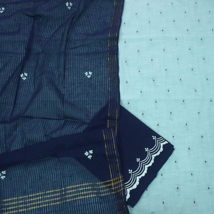 Kinaari Aqua Blue Thread Weaved Cotton Suit Set with Embroidered Bottom