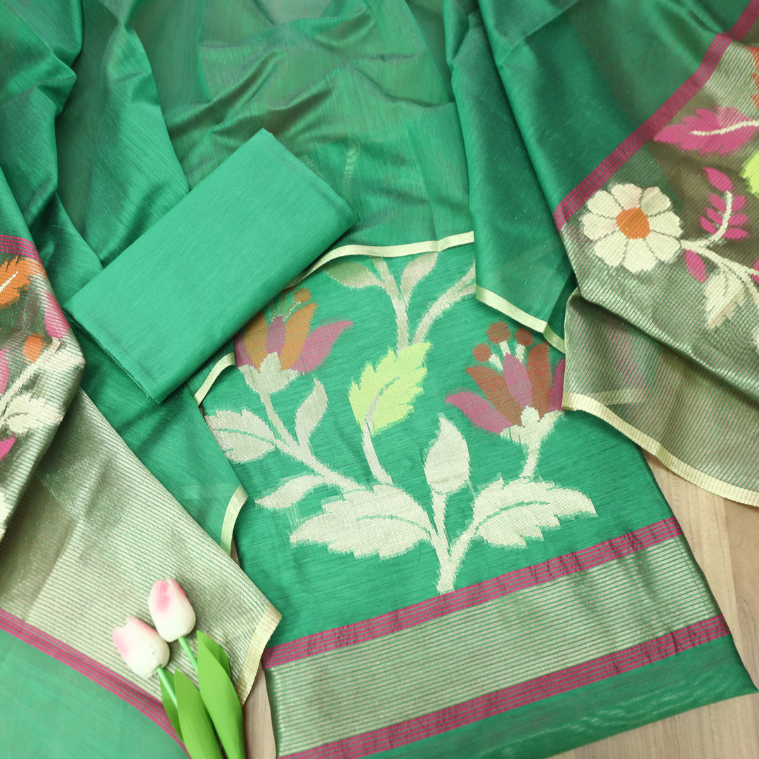 Madhumina Tree Green Zari and Thread Weaved Tussar Chanderi Set