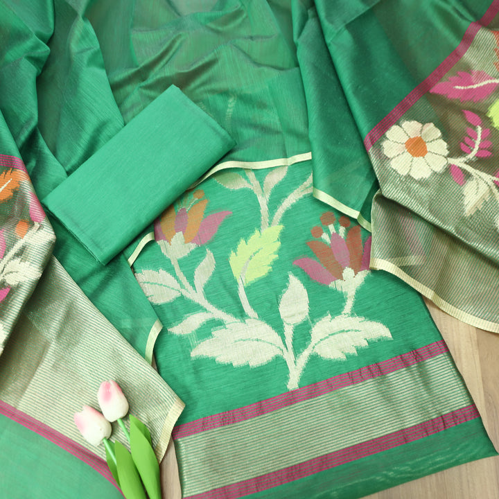 Madhumina Tree Green Zari and Thread Weaved Tussar Chanderi Set