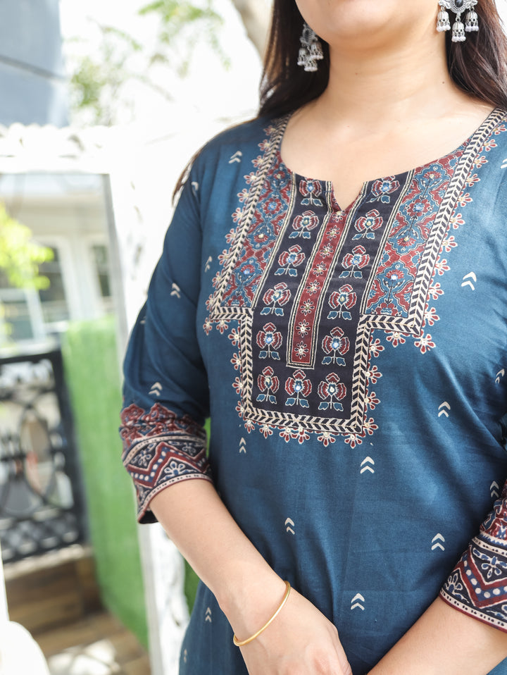 Ella Cerulean Blue Patra Work Cotton 2 Piece Set