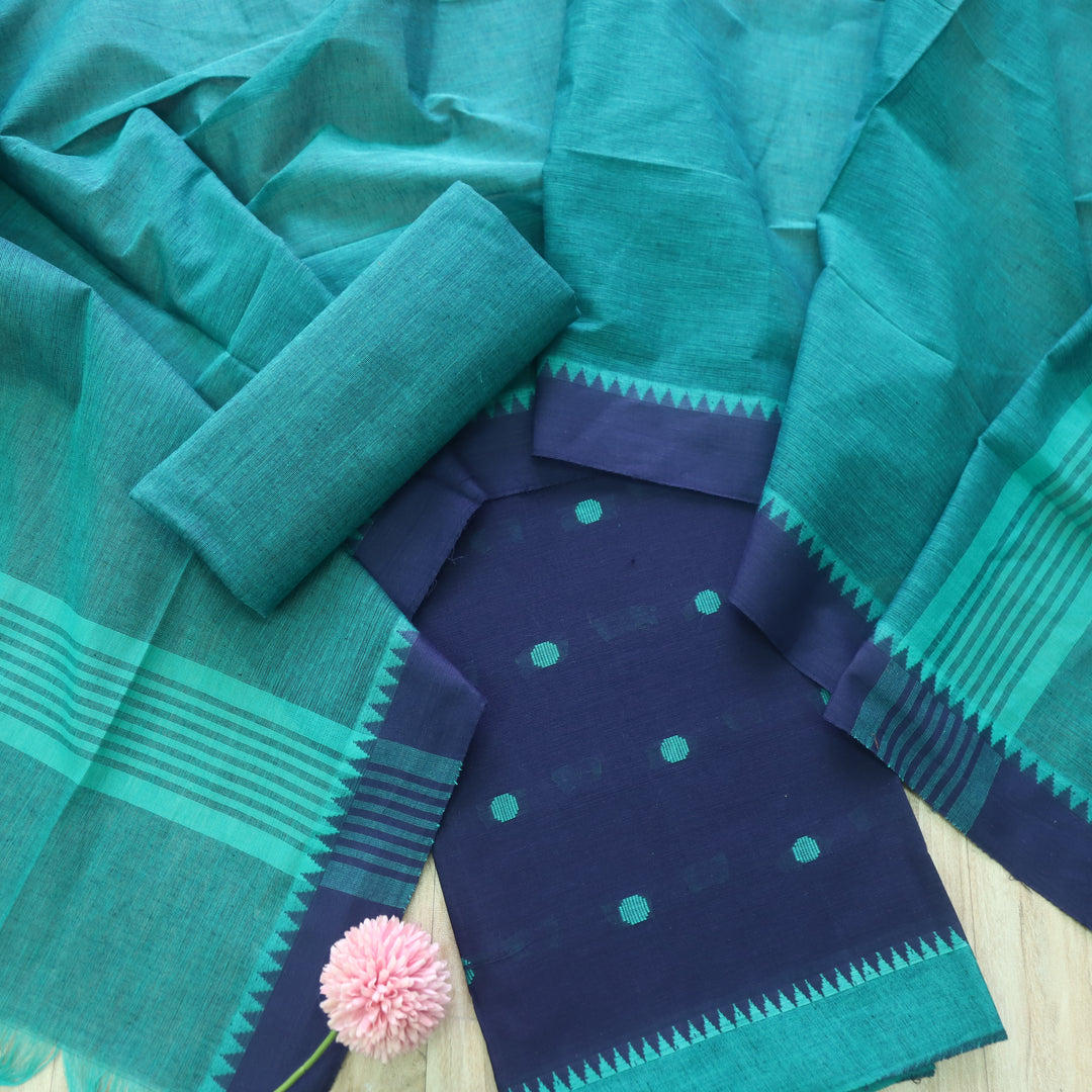 Falaq Blue with Teal Thread Buti Temple Hem South Cotton Suit Set