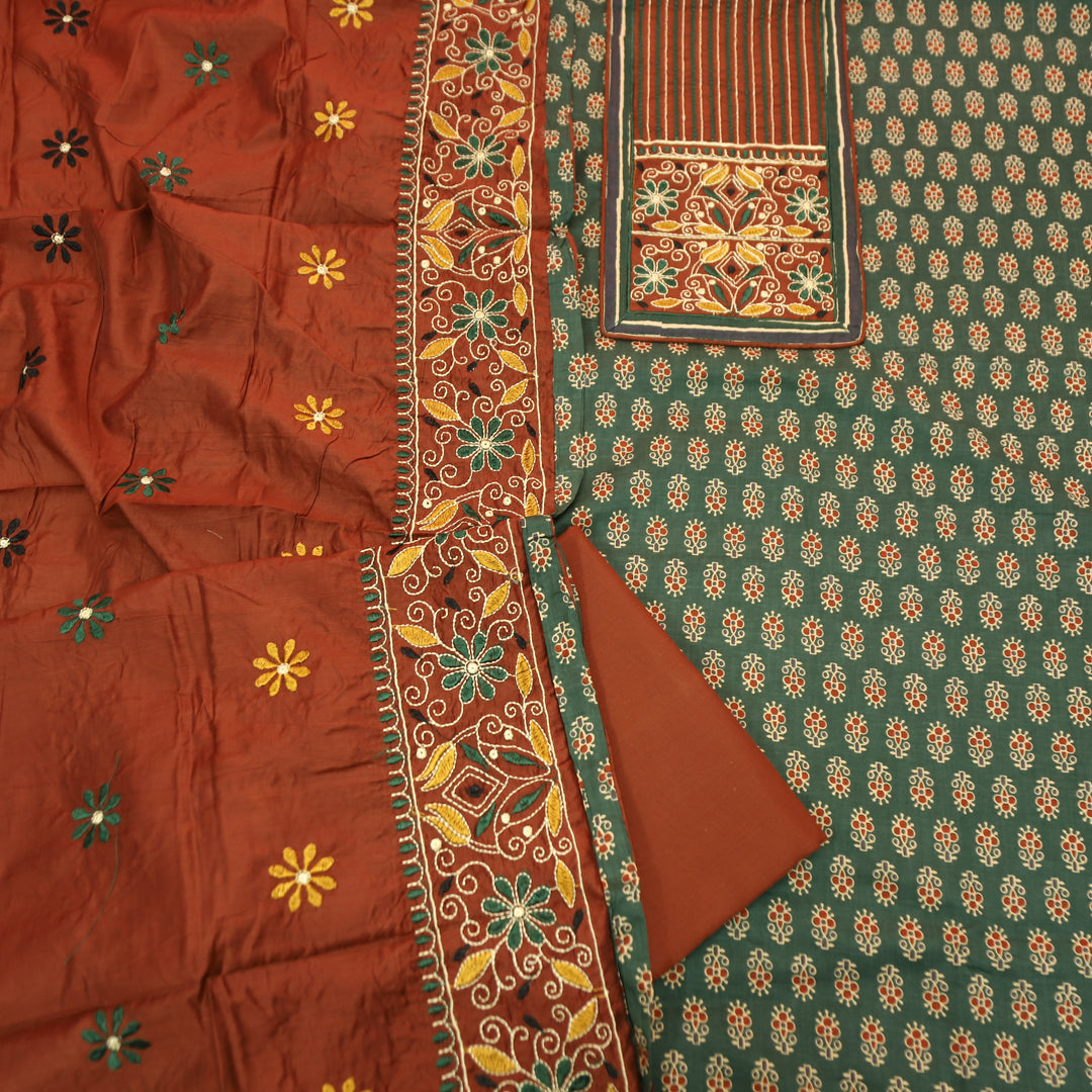 Maurya Forest Green Embroidered Neck Yoke with Ajrak Print Cotton Set
