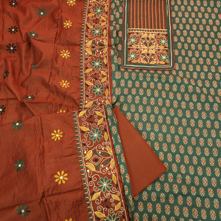 Maurya Forest Green Embroidered Neck Yoke with Ajrak Print Cotton Set