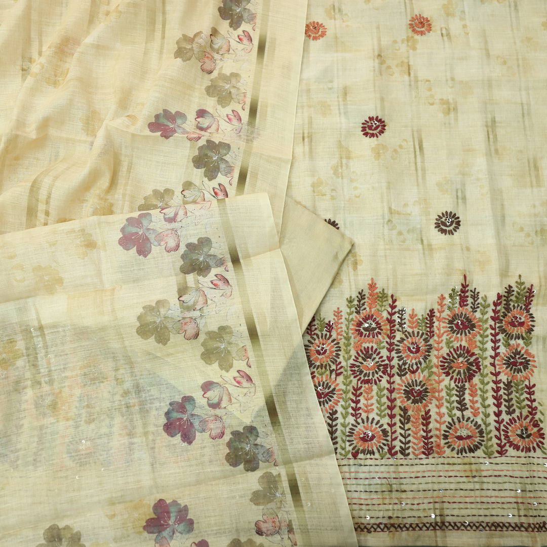 Zulfa Mellow Yellow Digital Printed Kantha Embriodery Hem Tissue Linen Suit Set