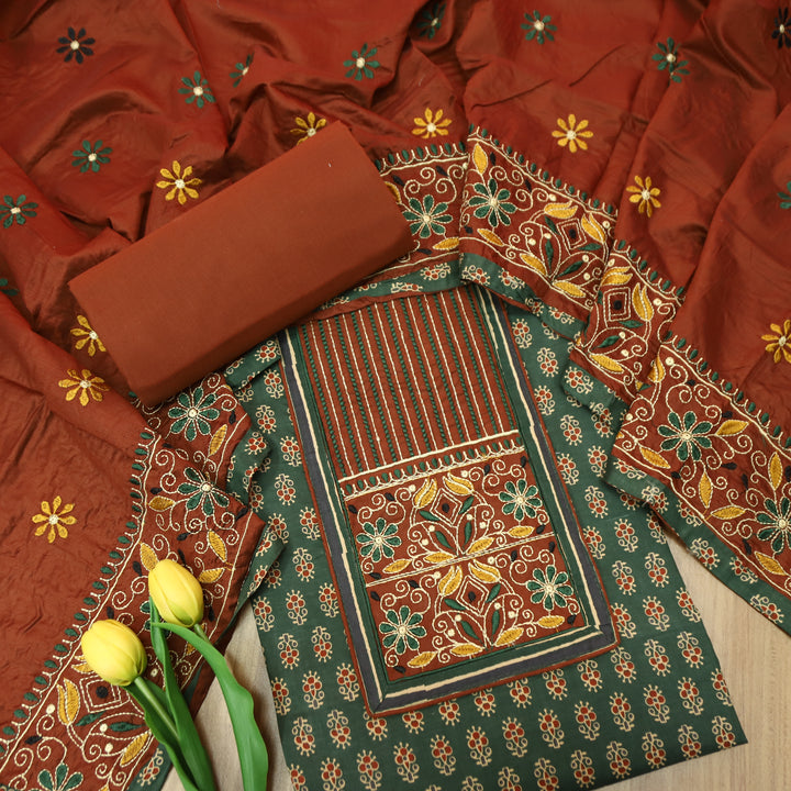 Maurya Forest Green Embroidered Neck Yoke with Ajrak Print Cotton Set