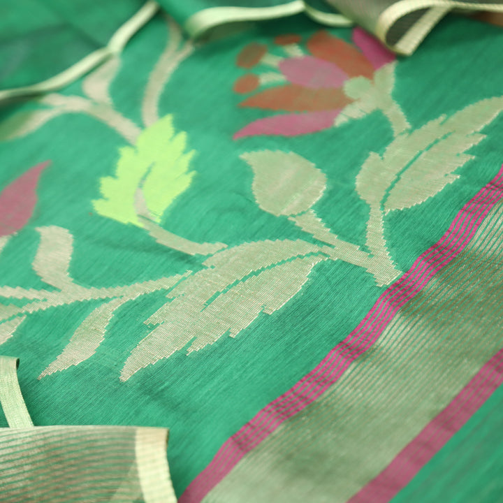 Madhumina Tree Green Zari and Thread Weaved Tussar Chanderi Set