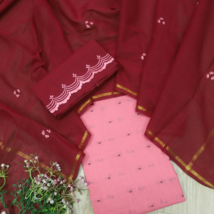 Kinaari Bright Pink Thread Weaved Cotton Suit Set with Embroidered Bottom