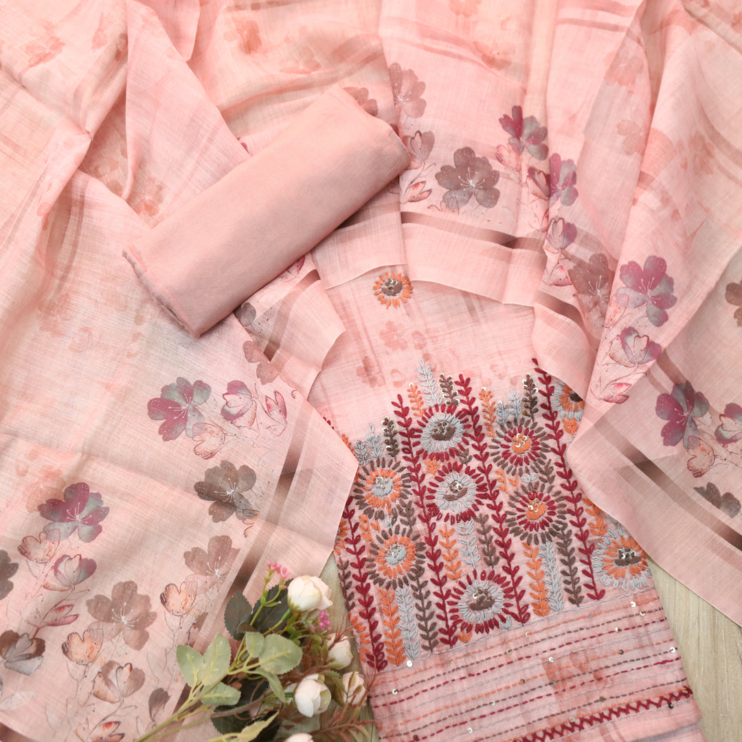 Zulfa Blush Pink Digital Printed Kantha Embriodery Hem Tissue Linen Suit Set