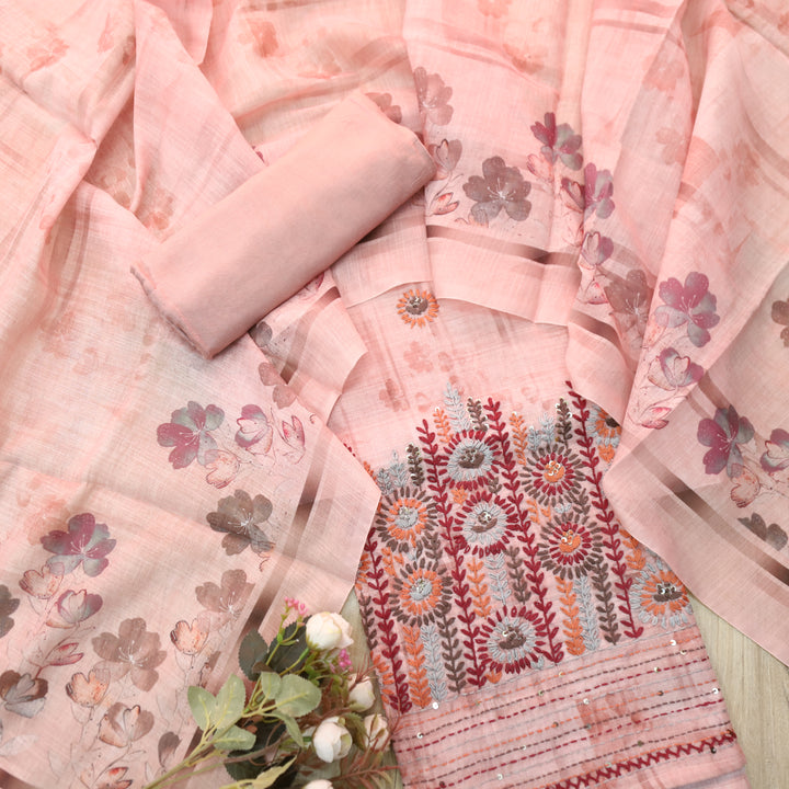 Zulfa Blush Pink Digital Printed Kantha Embriodery Hem Tissue Linen Suit Set